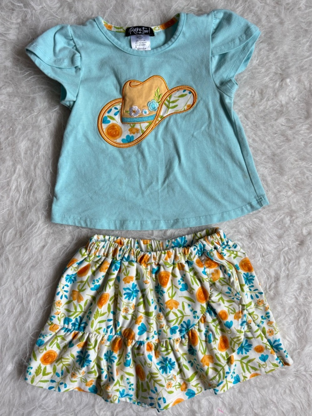 Rare, Too! Girls' Aqua Cowgirl Hat Applique Top with Matching Floral Skort Set